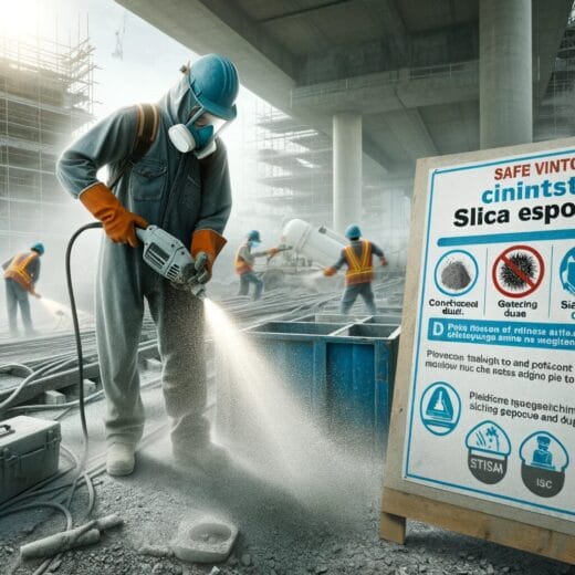 Workers at a construction site with protective gear to minimize silica exposure, surrounded by safety signs.