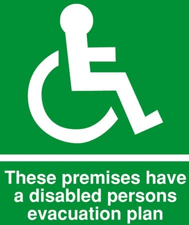 Sign indicating that the premises have a disabled persons evacuation plan for disability fire evacuation.